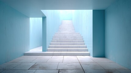 Minimalist White Staircase Ascending to Light Blue Modern Interior Hallway