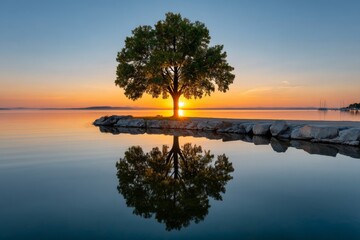 Serene sunset over calm lake with tree reflection