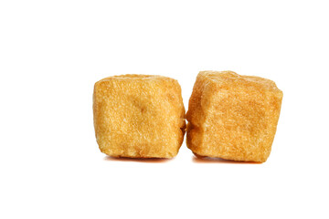 Deep Fried Golden Tofu Cubes on White Background - Asian Food Ingredient