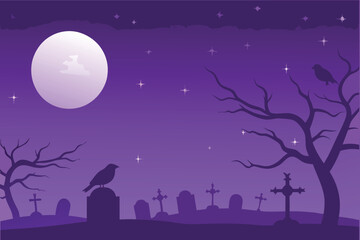 A spooky halloween night scene with a full moon and silhouetted trees
