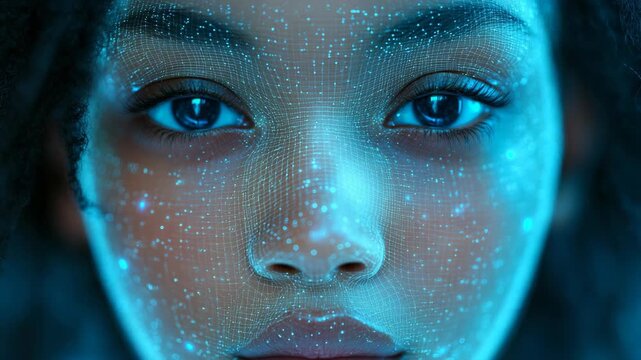 Close-up of African American woman girl face covered in glowing blue digital points, mesh lines, AI, biometric recognition, futuristic identity verification, cyber technology, human-data integration
