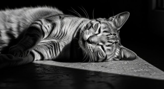 A tabby cat lies sleeping on a surface, its paw covering its eyes, bathed in bright sunlight, creating strong shadows in a black and white image. - Powered by Adobe