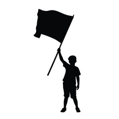Silhouette of a child proudly waving a black flag outdoors