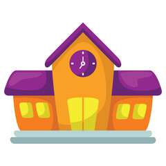 Cartoon building with purple roof and clock