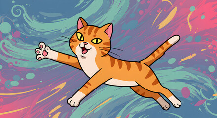 Playful Orange Tabby Cat Leaping Joyfully Against Colorful Abstract Swirling Background