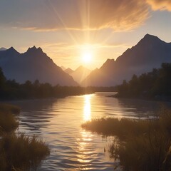 sunset, sky, water, lake, sun, sunrise, landscape, nature, mountain, evening, light