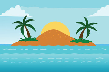 A simple illustration of a tropical island with palm trees and sun