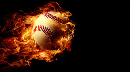 baseball. Baseball with dramatic fiery effect isolated on pure black background with intense flames. event key visuals, club posters, designed for sports event promotions and stadium branding.