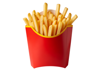 Delicious golden french fries piled high in a red cardboard container isolated on transparent background