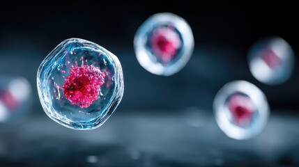 Microscopic View of Floating Cells with Red Nuclei on Dark Backdrop Illustrating Scientific Research and Biological Study