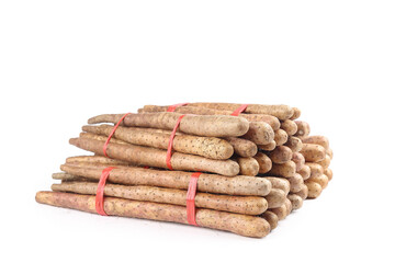 Fresh Chinese Yams Bundled with Red Bands on White Background