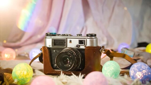 Vintage camera in brown leather case on fluffy surface amid pastel string lights & soft pink fabric