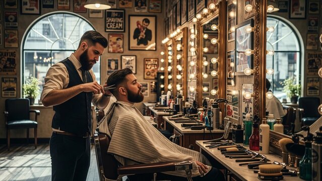 A skilled barber trims client’s beard in a vintage barbershop with warm lights and mirrors, symbolizing grooming service, lifestyle, and professional craftsmanship.