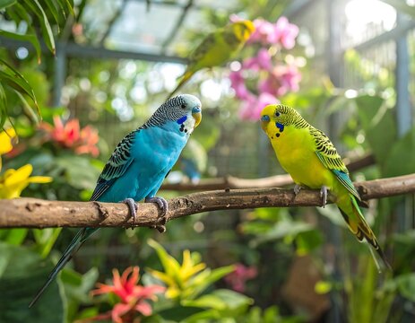 Two colorful parakeets on a branch, surrounded by flowers and greenery in a conservatory setting
