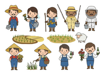 Cute cartoon farmer characters and agricultural elements set.