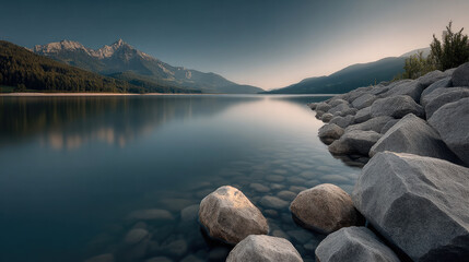 Obraz premium Serene sunrise over calm lake with rocky shore, clear water, mountain range, and tranquil natural landscape