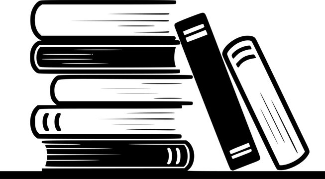 Minimalist black and white illustration depicting stack of books on a shelf, with one book leaning.
