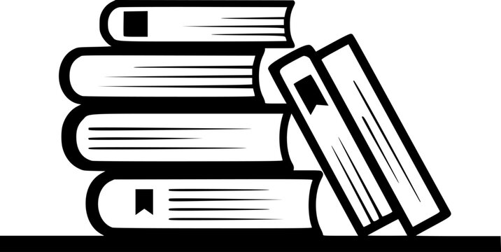 Minimalist black and white illustration depicting stack of books on a shelf, with one book leaning.
