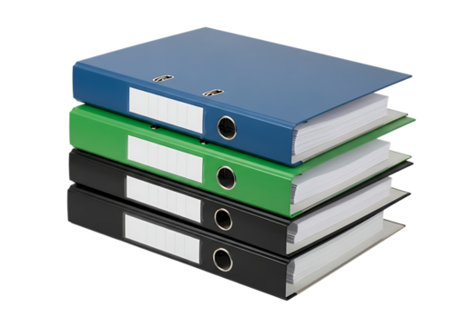 Stack of four colorful binders blue green and black with white labels isolated on transparent background