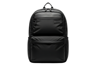 A sleek modern black backpack with multiple compartments and zippers isolated on transparent background