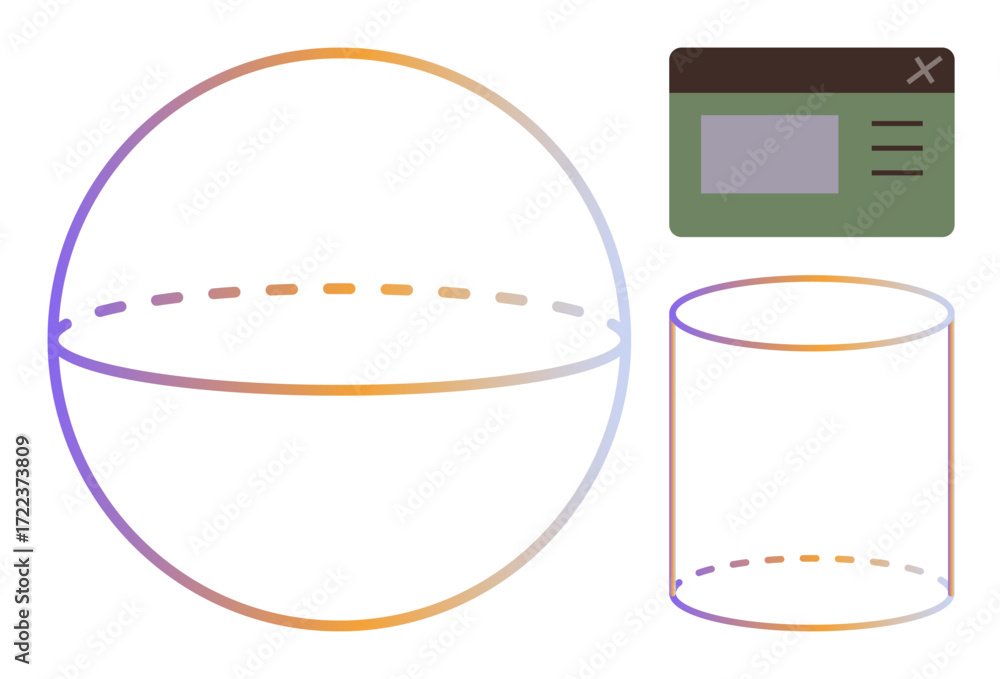 Aufkleber sphere with dashed cutline, cylinder, and a web interface window with gradient colors. ideal for geo