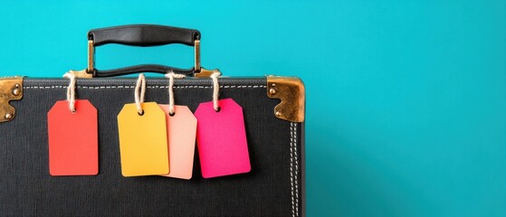 Colorful tags on vintage suitcase travel packing vacation journey trip holiday