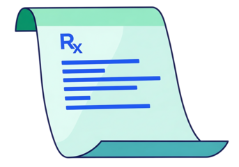Illustration of a medical prescription form with rx symbol and blue lines for text isolated on transparent background