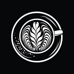 Decorative Coffee Cup with Latte Art and Leaf Design – Elegant Black and White Illustration