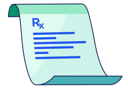 Illustration of a medical prescription form with rx symbol and blue lines for text isolated on transparent background