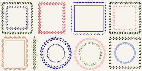 Collection of decorative hand drawn floral and geometric frames and borders in various colors and shapes