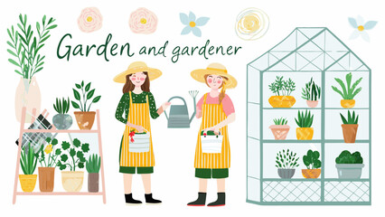 Two women in straw hats and aprons tending to plants in a garden with a greenhouse and plant stand