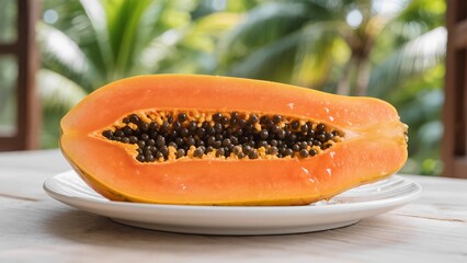 Fresh ripe papaya cut in half with seeds on white plate 
