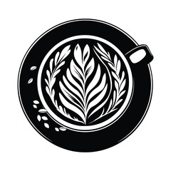Decorative Coffee Cup with Latte Art and Leaf Design – Elegant Black and White Illustration