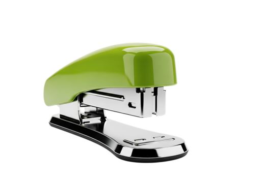 A bright green and silver stapler office supply for fastening paper sheets isolated on transparent background