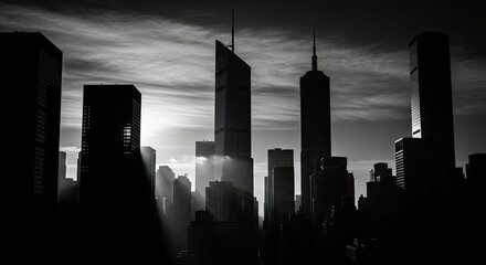 Silhouetted cityscape featuring tall skyscrapers against a dramatic, cloudy sky, with light rays piercing through the buildings.