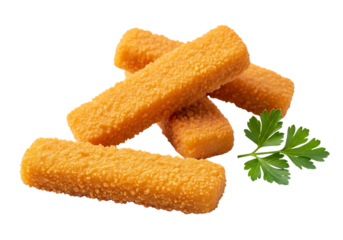 Crispy golden breaded fish sticks with fresh parsley sprig isolated on transparent background