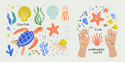 Charming hand drawn underwater world with sea creatures and marine life illustrations