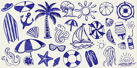 Collection of hand drawn blue ink summer vacation beach and ocean elements on a light background