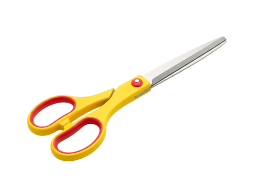 Bright yellow and red handled craft scissors with sharp silver blades isolated on transparent background