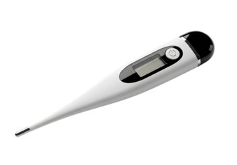 A modern white digital thermometer with a clear lcd screen isolated on transparent background