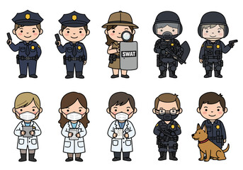 Diverse Professions Cartoon Characters in Uniforms.