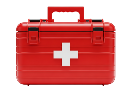 A bright red medical first aid kit with a white cross symbol on its front isolated on transparent background