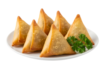 Crispy golden samosas arranged on a white plate with fresh parsley garnish isolated on transparent background