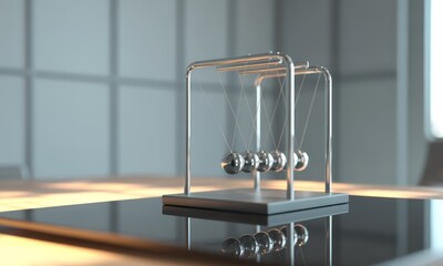 A metallic Newton's cradle on a reflective surface