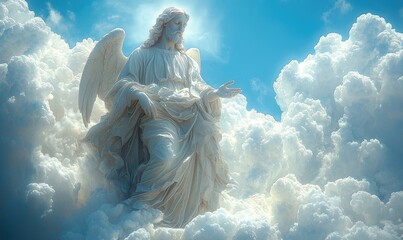 Religious statue of Jesus amidst clouds