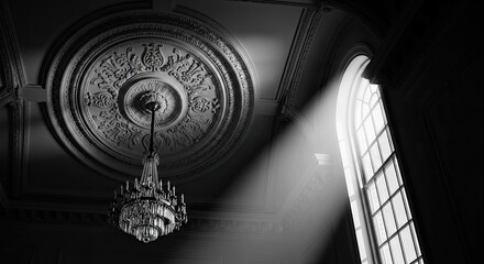 A chandelier hangs from an ornate ceiling medallion, illuminated by a beam of light streaming through a tall arched window.