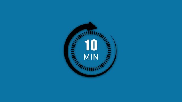 Black circular timer icon displaying 10 minutes on a blue background clock countdown