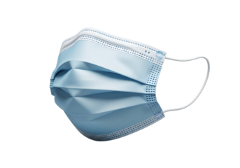 Light blue disposable surgical face mask for protection against viruses and pollution isolated on transparent background