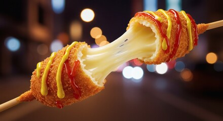 Melted, oozing mozzarella cheese on a Korean corn hot dog. It is fried, skewered, and topped with mustard and ketchup.
