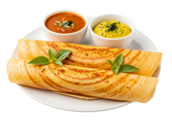 Delicious south indian masala dosa with sambar and chutney isolated on transparent background